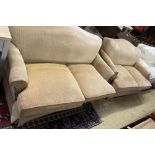 A pair of contemporary beige upholstered two seater settees, width 180cm depth 106cm max height