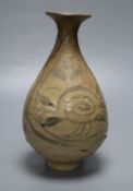 A Chinese Yuan Dynasty, Yunnan Province, blue and white ovoid pottery vase (the top restored), H