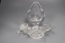 A Lalique signed scent bottle, height 9cm, four Baccarat birds and a signed Art glass vase