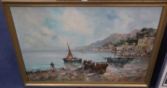 Italian School, oil on canvas, Fishing boats along the coast, indistinctly signed, 60 x 91cm