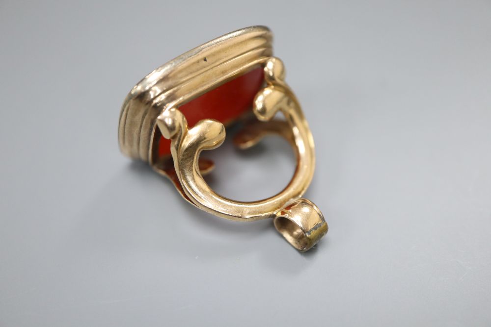 A 19th century gold (tests as 14ct) fob seal with intaglio-cut carnelian matrix, 30mm, gross 15.9 - Image 3 of 3