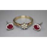 A pair of ruby and diamond cluster earrings, 18ct white gold setting, gross 1.6 grams (no