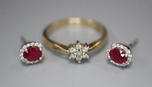 A pair of ruby and diamond cluster earrings, 18ct white gold setting, gross 1.6 grams (no