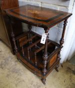 A late Victorian inlaid burr walnut Canterbury / whatnot, width 62cm, depth 40cm, height 90cm