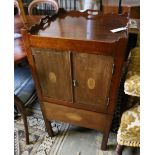 A George III inlaid mahogany tray top commode, width 50cm, depth 50cm, height 89cm