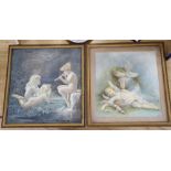 English School c.1900, two watercolours, Child fairies as Venus and Cupid and Children playing pan