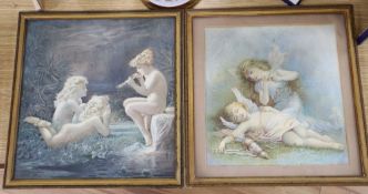 English School c.1900, two watercolours, Child fairies as Venus and Cupid and Children playing pan