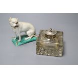 A Continental porcelain model of a mastiff and a silver-mounted glass inkwell