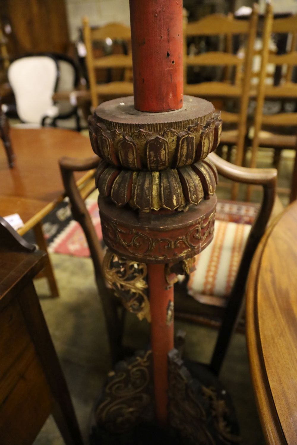 A Chinese carved painted wood floor lamp, height 202cm - Image 3 of 4