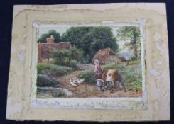 After Birket Foster, watercolour, Girl and calf in a landscape, bears monogram, 6.5 x 10cm,