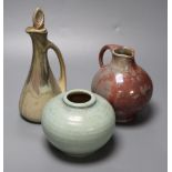 Three items of Art Pottery, including a stoneware ewer and stopper, drip-glazed in shades of blue
