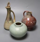 Three items of Art Pottery, including a stoneware ewer and stopper, drip-glazed in shades of blue