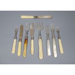 Nine assorted 19th century and later ivory handled silver knives and forks.