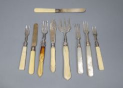 Nine assorted 19th century and later ivory handled silver knives and forks.