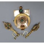 A Victorian yellow metal, black enamel, emerald and seed pearl set drop brooch and pair of