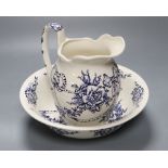 A James Kent earthenware blue printed jug and basin, jug height 20cm