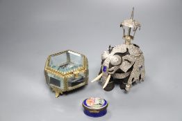 A South Staffordshire enamel box, a silver-mounted ebony elephant and a gilt box