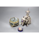 A South Staffordshire enamel box, a silver-mounted ebony elephant and a gilt box