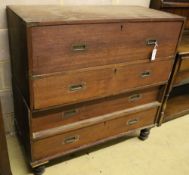 A 19th century teak two part campaign chest, width 106cm, depth 49cm, height 106cm