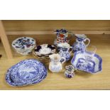 Three Brameld blue printed dishes, five various hydra jugs, tallest 20cm, six Keelings Losol ware