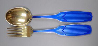 A 1960's Danish gilt sterling and sterling July 1961 fork and spoon, by Michelsen, 16.5cm, gross