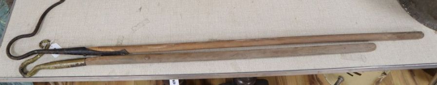 Two 19th century iron Shepherds' crooks, one neck, one leg, the latter with a replacement handle,