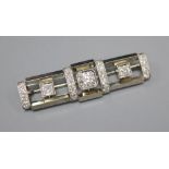 An Art Deco style 585 white and yellow metal, diamond cluster set rectangular bar brooch, 4cm, gross