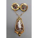 A Victorian yellow metal, ruby, rose cut diamond and carved cameo shell set drop pendant brooch,