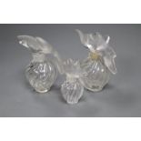 Three Lalique Nina Ricci L'Air du Temps perfume bottles, signed, two height 11cm, one 8cm