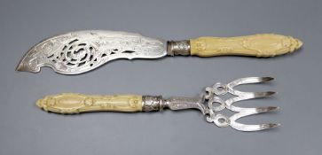 A pair of Victorian carved ivory handled silver fish servers, John Round, Sheffield, 1856, knife,