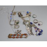 Mixed jewellery including amber bracelet, marcasite necklace etc.