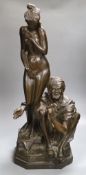 A large bronzed figure group of a seated male and nude female, indistinctly signed, 66cm