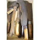 Mixed hand tools including a hatchet, together with the illustrated Encyclopedia of Woodworking Hand