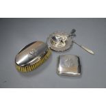 Silver clothes brush, cigarette case, dish, two spoons and white metal dessert fork.