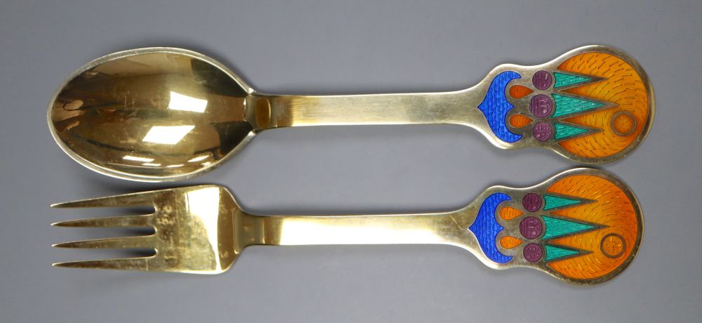 A Danish, Lars Akirke for Michelsen, July, 1979 silver gilt and enamel fork and spoon, 16.5cm, gross