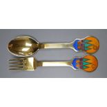 A Danish, Lars Akirke for Michelsen, July, 1979 silver gilt and enamel fork and spoon, 16.5cm, gross