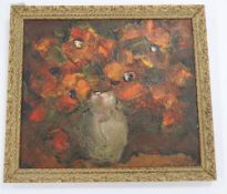 Cantillo?, oil on card, Poppies in a vase, indistinctly signed, 31 x 35cm