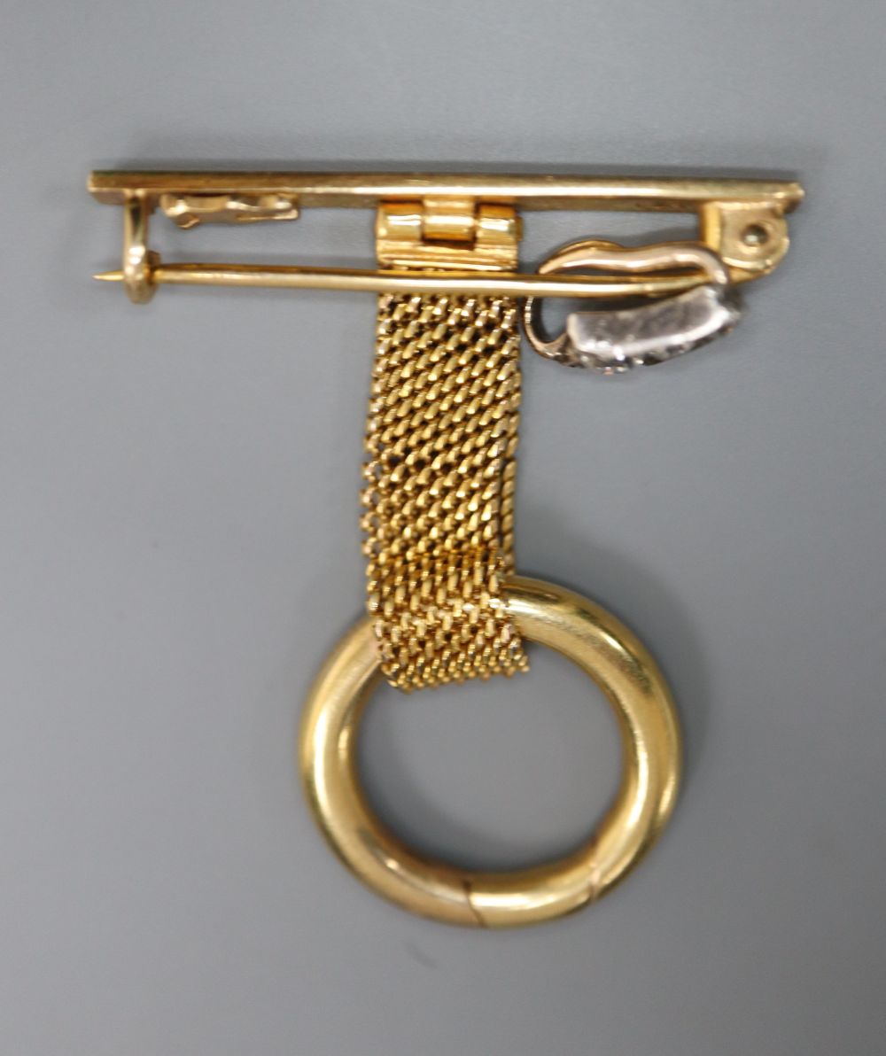A 9ct gold lapel watch suspension and a three-stone graduated diamond set suspension, gross 7 - Image 3 of 3