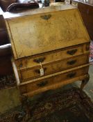 A small early 20th century Queen Anne revival walnut bureau, width 74cm, depth 51cm, height 97cm