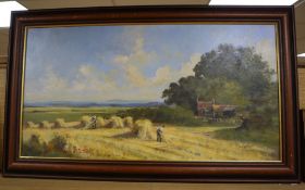 English School, oil on canvas, Harvesters in a landscape, indistinctly signed, 40 x 75cm