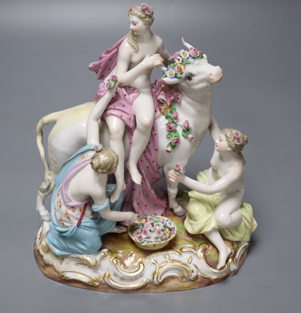 A 19th century Meissen group, Europa and the Bull, after the model by J. J. Kandler (damage)