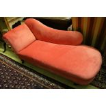 A Victorian chaise longue upholstered in pink velvet, width 180cm, depth 66cm, height 74cm