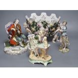 A Meissen style flower-encrusted reticulated oval porcelain jardiniere with cherub supports and