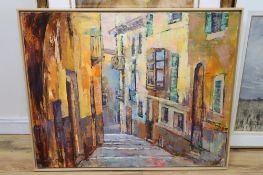 Spanish School, oil on canvas, Street scene, indistinctly signed, 81 x 100cm