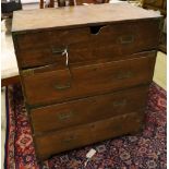 A small Victorian teak secretaire campaign chest, width 74cm, depth 40cm, height 86cm