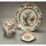 A 18th century Chinese famille rose export plate and an 18th century export teapot, cover and