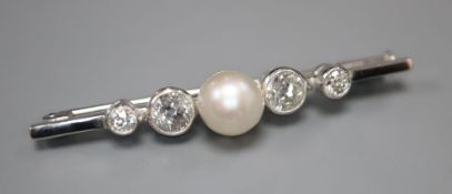 A white metal single stone cultured pearl and four stone diamond set bar brooch, 48mm, gross 4.9