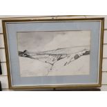 E. Burra, monochrome watercolour, Downland scene, signed and dated 1969, 31 x 49cm