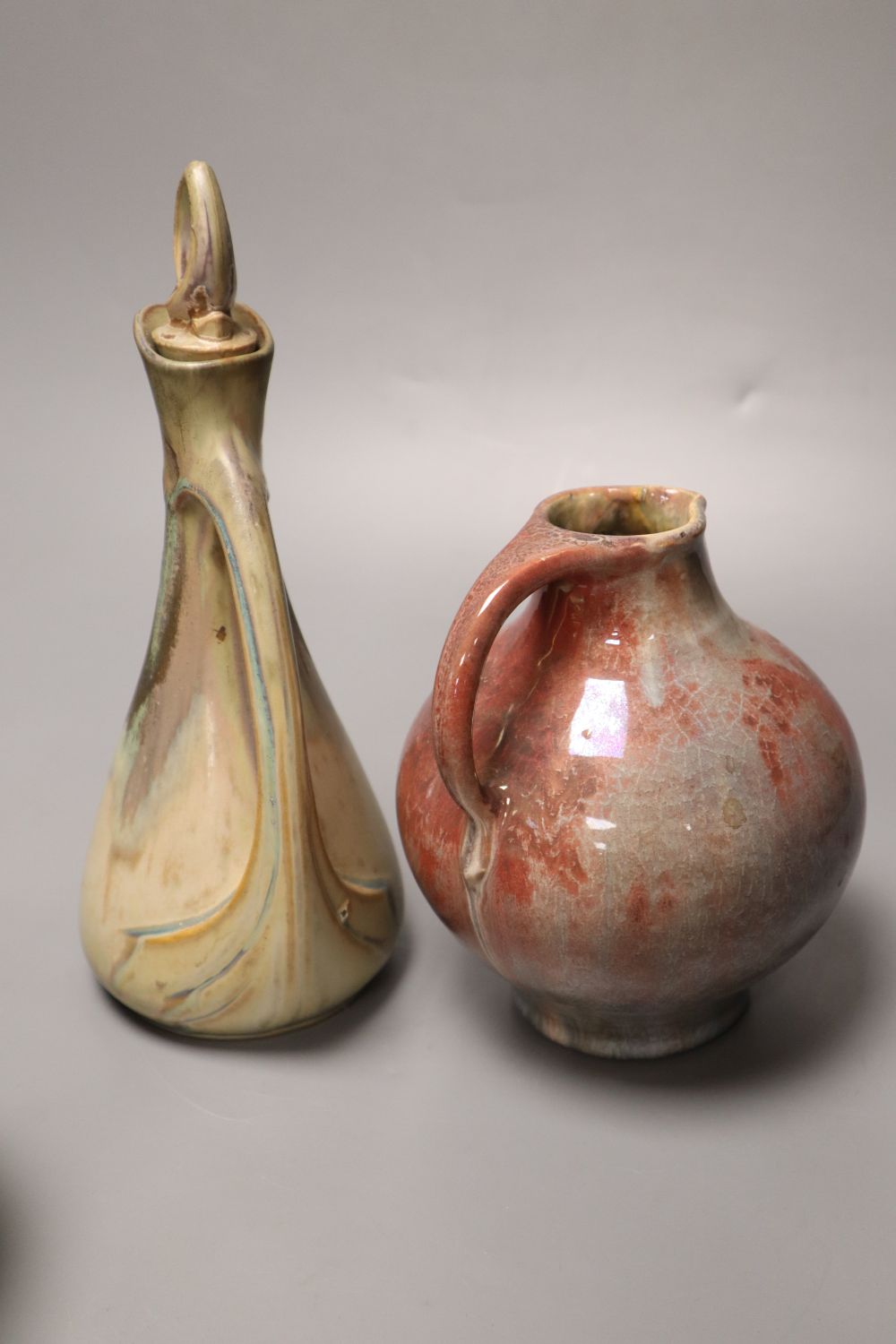 Three items of Art Pottery, including a stoneware ewer and stopper, drip-glazed in shades of blue - Image 3 of 5