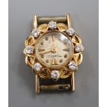 A lady's yellow metal and diamond set Jager LeCoultre manual wind wrist watch, diameter 16mm,